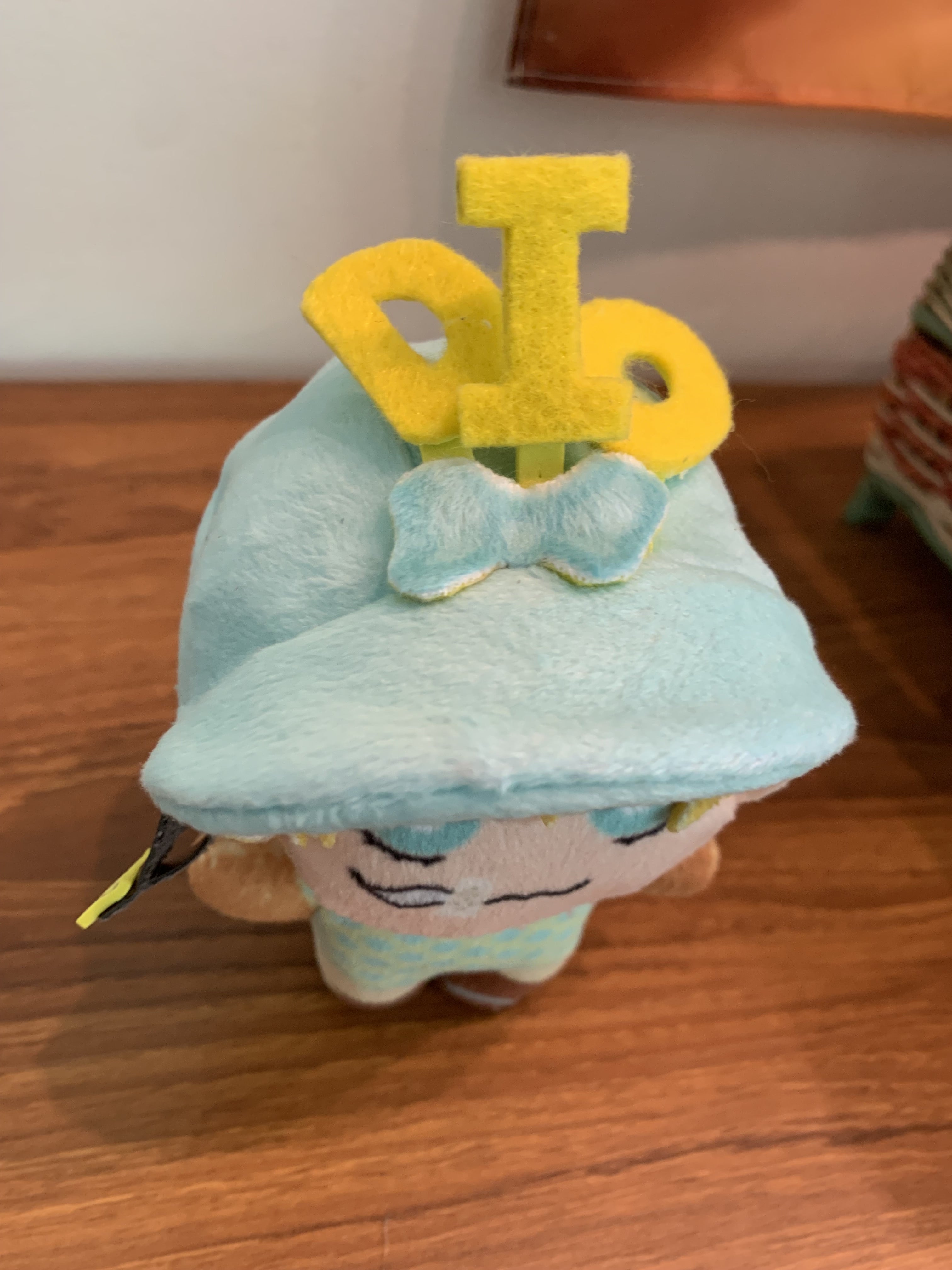 Top view of a plush toy with a blue jockey's cap standing up on a wooden surface. The cap has the letters D, I, and O, in yellow sticking up from it.